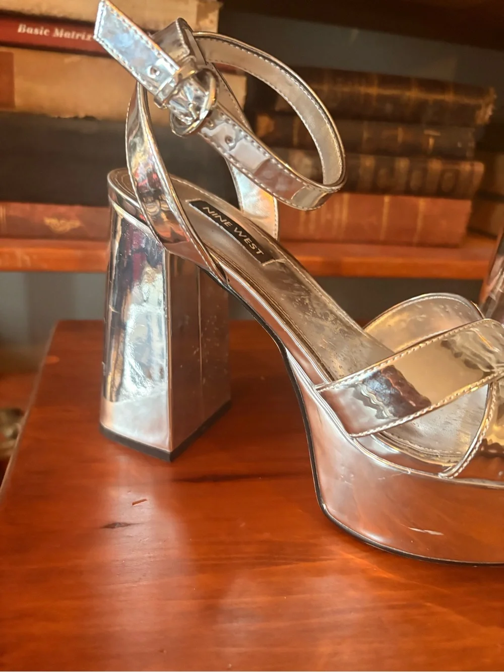 Nine West Metallic Silver Platform Block Heel Sandals